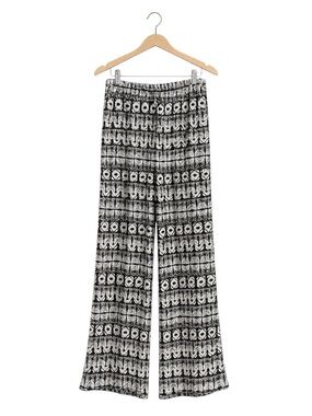 Womens Wide Leg Bohemian Pants Size Medium Black White Elastic‎ Waist Pull On